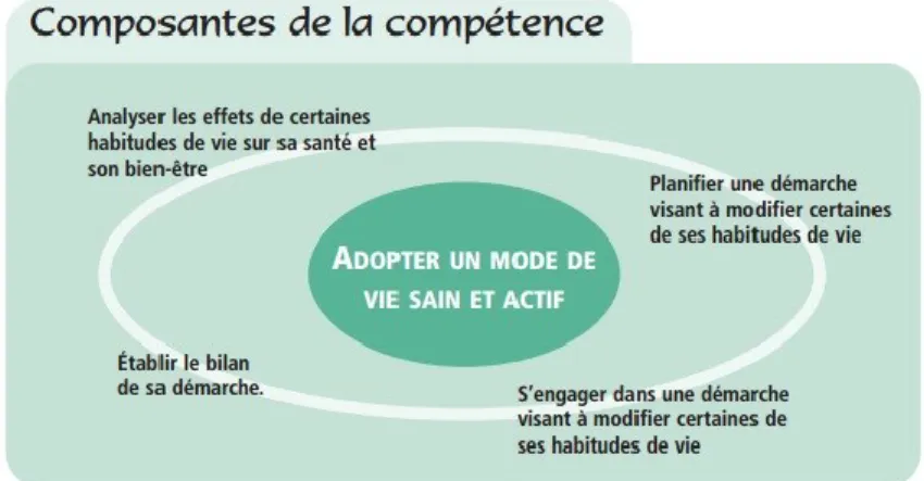 Figure 1.1 :  Composantes  de  la  compétence  « Adopter  un  mode  de  vie  sain  et  actif »  (Source : Ministère de l'Éducation du Québec (2001))  