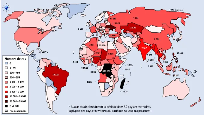 Figure 8 : nombre de cas de rougeole déclarés dans le monde en 2019 [74] 