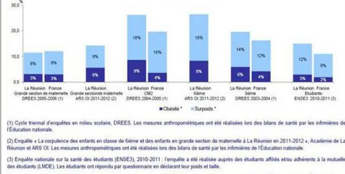 Figure 12: Proportion d'enfants et d'adolescents scolarisés en surpoids et en situation d'obésité à La  Réunion et sur l'ensemble de la France