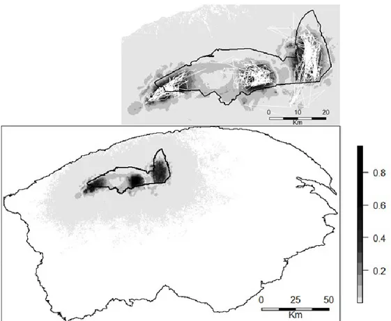 Figure  1.4:  Lower  map:  Atlantic-Gaspésie  caribou  predicted  landscape  use  for  the  time  period of the VHF data surveys with the Gaspésie National Park boundary overlaid