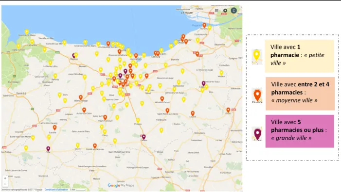 Figure 3 : Cartographie des pharmacies dans le département du Calvados  Ville avec 1  pharmacie : « petite ville » 