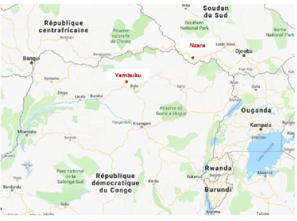 Figure 2 : Localisation des deux premiers foyers de maladie à virus Ebola (Google maps) 