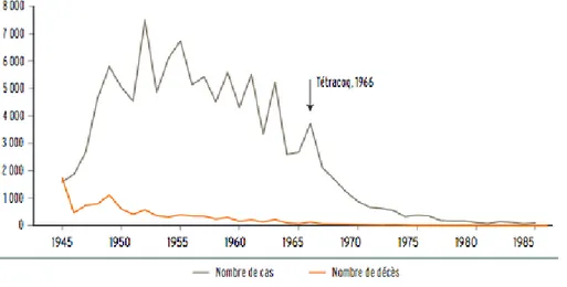 Figure 2 : Morbidité et mortalité dues à la Coqueluche en France de 1945 à 1986. Source :  Direction Générale de la Santé, Comité des Vaccinations