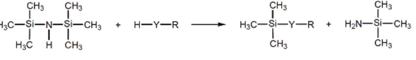 Figure 2. Silylation par l’HDMS : Y = O, S, NH, NR’, COO,     R, R’ = Alkyl, Aryl.  (9)