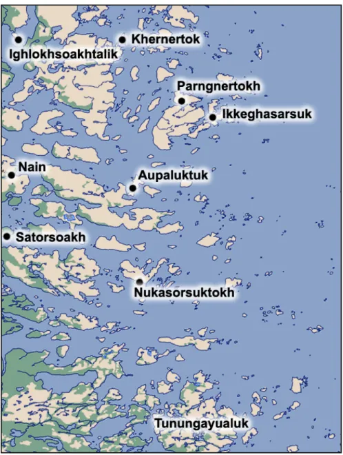 Figure 1 : Les établissements d'hiver de la région occupés entre 1776 et 1777 et le site de  Parngnertokh (HeCg-08) abandonné vers 1772