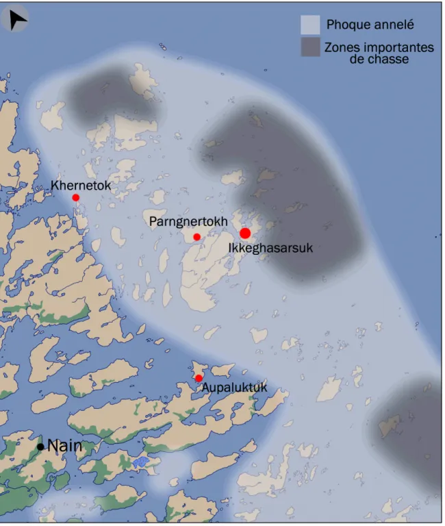 Figure 8 : Les zones où les phoques annelés se trouvent au printemps. Adapté de  Williamson 1997 : carte 6