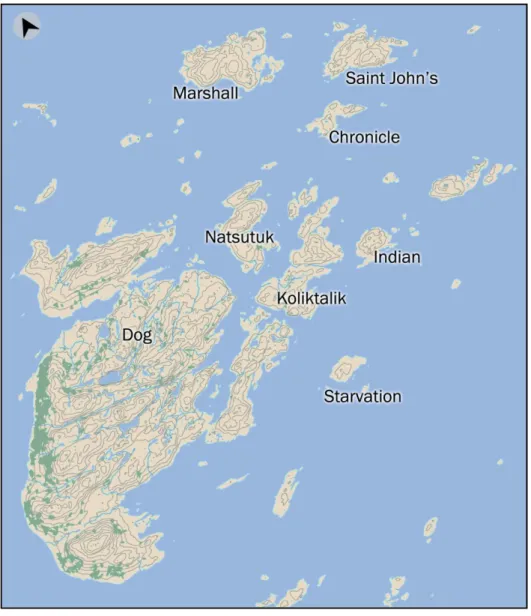 Figure 9 : L’île Dog et les îles mentionnées dans ce mémoire. Adapté de : l’Atlas du  Canada, toporama, disponible en ligne http://atlas.gc.ca/toporama/fr/index.html, consulté  le 27 février 2016 