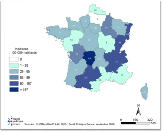 Figure 2. Estimation du taux d’incidence annuel moyen de la borréliose de Lyme par région,  France, 2012-2015 (Réseau Sentinelles) (52) 