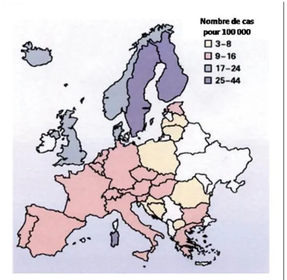 Figure 2 : Incidence du diabète de type 1 en Europe entre 1989-1998 (5). 