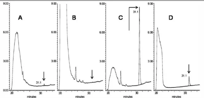 Figure  8.  Chromatogrammes  urinaires.  A,  sujet  fumeur  3OHBaP  =  0,2  ng/L ;  B,  sujet  non  fumeur  3OHBaP &lt; LQ ; C, urine surchargée, 3OHBaP = 10 ng/L ; D, urine surchargée et dosage réalisé sans  l’étape de SPE, 3OHBaP = 10 ng/L