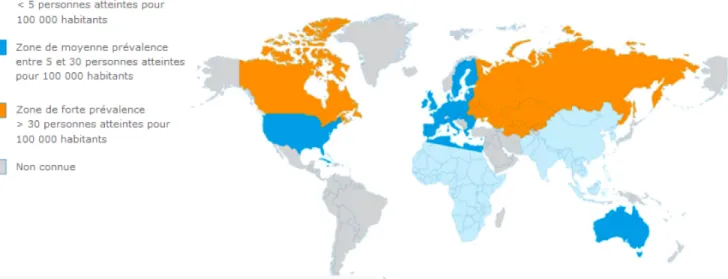 Figure 5 : Répartition de la SEP dans le monde 