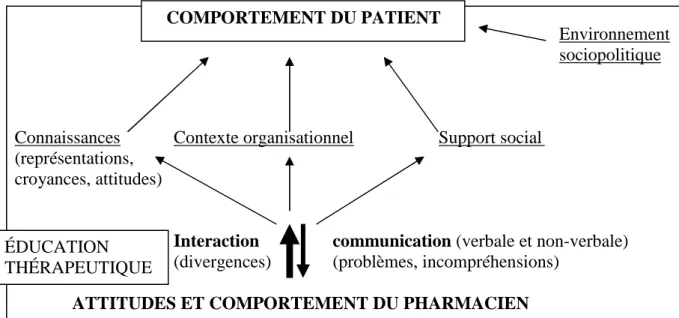 Figure  2:  Organisation  générale  des  interactions  possibles  entre  pharmacien  et  patient  influant  sur  le  comportement de ce dernier 