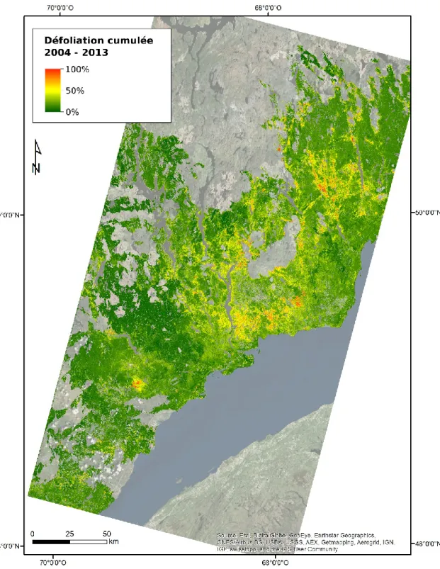 Figure 4: Carte de la sévérité de la défoliation cumulée par la TBE sur une échelle  continue  de  sévérité  entre  2004  et  2013