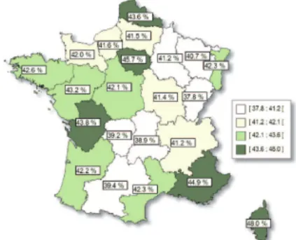 Figure 1. Taux de chirurgie ambulatoire en France par région, 2013 (10) 
