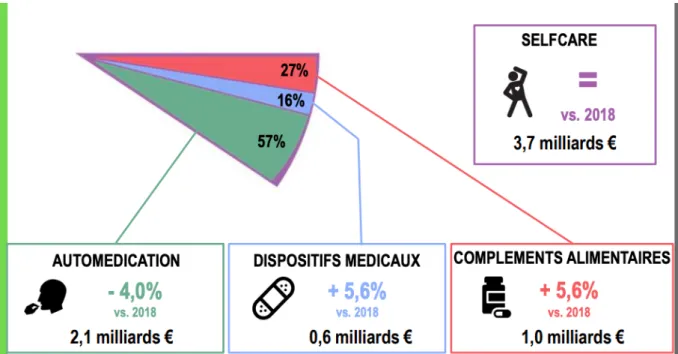 Figure 1 - Chiffre d'affaires 2019 des différents secteurs du &#34;selfcare&#34;  [1]