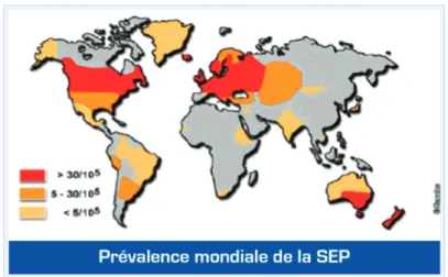 Figure 1 : Prévalence  mondiale  de la SEP d’après Alsacep. (3) 