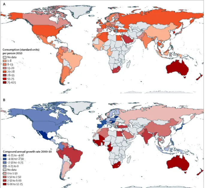 Figure 11 : Consommation d’antibiotiques en 2010 exprimée en DDD (A) et son taux de croissance annuelle  entre 2000 et 2010 (B).[52] 