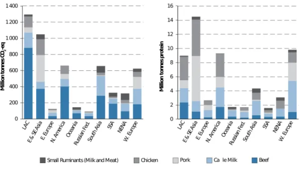 Figure 10 : Production de GES par l’élevage (Mt CO2-eq/an) (figure à gauche), et production  animale (Mt protéines) (figure de droite), en fonction des animaux et des régions