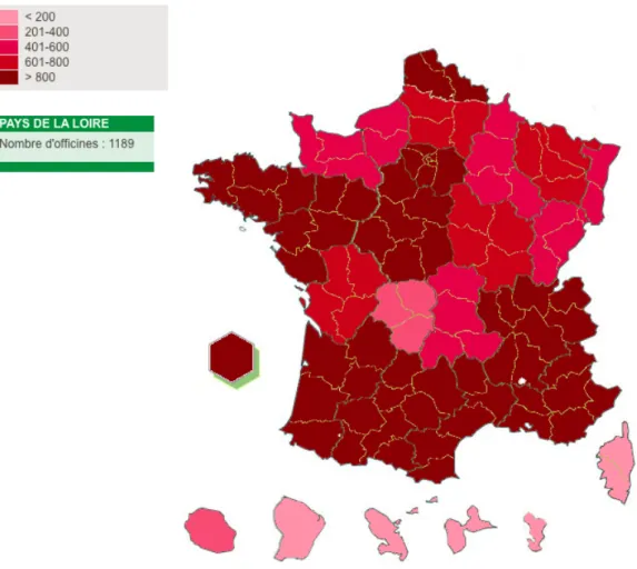Figure 8 Répartition des pharmacies d’officine en France par région. 