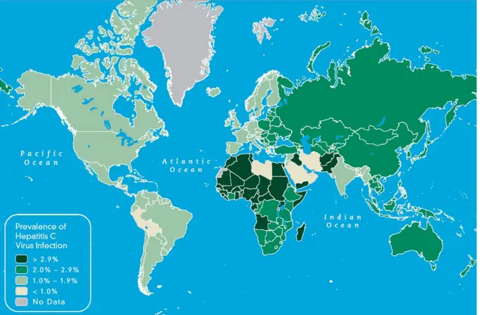 Figure 6. Carte de prévalence du VHC au niveau mondial en 2012 (19) 