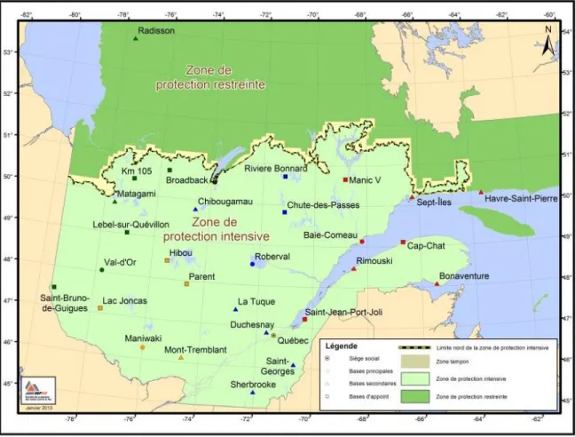 Figure 5: Emplacement des bases d'opération de la SOPFEU et les limites des zones de protection  au Québec 