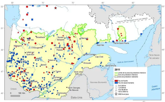 Figure 6: Répartition, causes et ampleurs  des feux de forêts en 2011. 