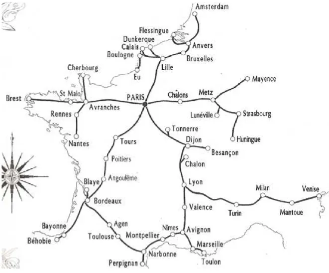 Figure 7 : Carte du réseau de télégraphe de Chappe en France en 1844 (Chenot s.d.) 