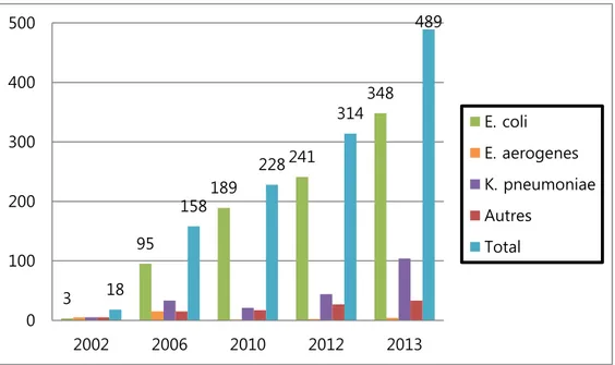 Figure 4 : Nombre de souches d’EBLSE recensées au CHU de Grenoble entre 2002 et  2013 