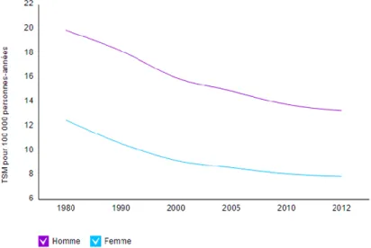 Figure 1 : Estimation nationale de l'incidence de mortalité par cancer en France entre 1980 et  2012 (Source: INCa 2013 (2)) 