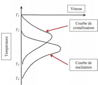 Figure  3 :  Représentation  schématique  des  vitesses  de  nucléation  (courbe  de  nucléation)  et  de  croissance des cristaux (courbe de cristallisation) en fonction de la température d’après Baudot et  al