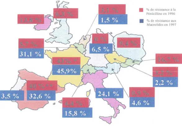 Figure 1 : Carte d'Europe des résistances du pneumocoque 