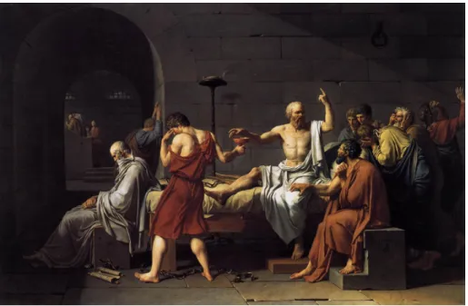 Fig 3 - La mort de Socrate, tableau de Jacques-Louis DAVID (1787)  La description de Platon des symptômes de l'intoxication de Socrate par la ciguë permet  aujourd’hui quelques interrogations