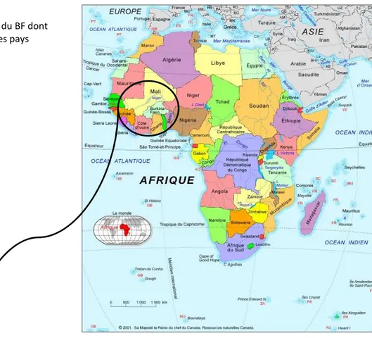 Figure 1: les principales villes du BF dont   Ouagadougou la Capitale et les pays  limitrophes