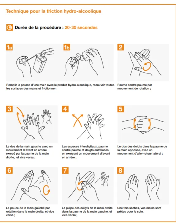 Figure n°7 : Recommandations de l'OMS pour le lavage des mains avec du gel hydro-alcoolique