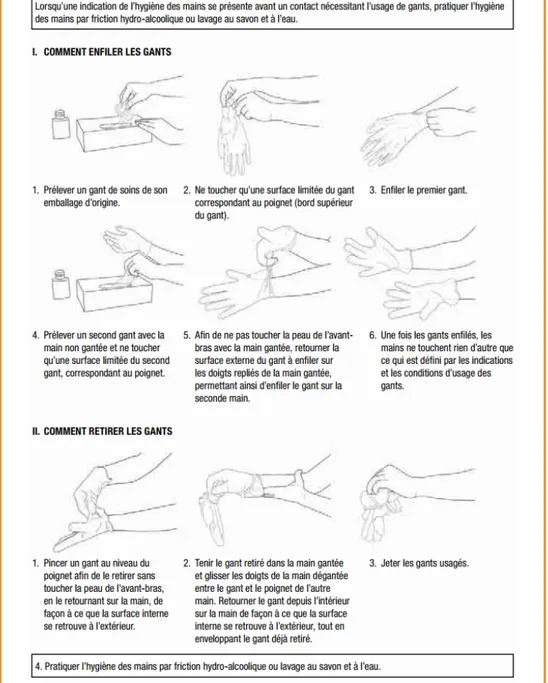 Figure n°8 : Recommandations de l'OMS pour enfiler et retirer une paire de gants non stériles