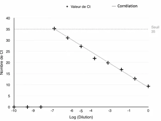 Graphique 2 – Relation entre le nombre de Ct obtenu pour les dilutions (log) de l’échantillon  d’HAdV 2 sur cellules Vero 81 