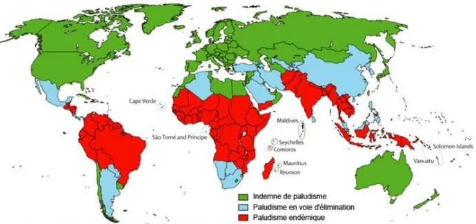 Figure 2 : Schéma de la répartition géographique mondiale du paludisme (9) 