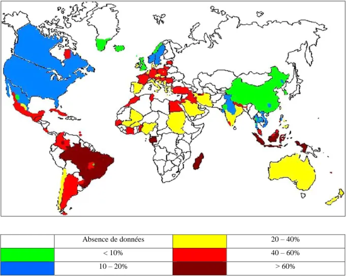 Figure 8 : Etat mondial de la séroprévalence de la toxoplasmose chez les femmes enceintes ou en âge de procréer  entre 1999 et 2009 