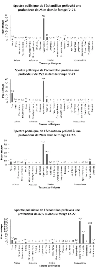 Figure 7: Spectres polliniques des quatre échantillons du forage F2-27. 