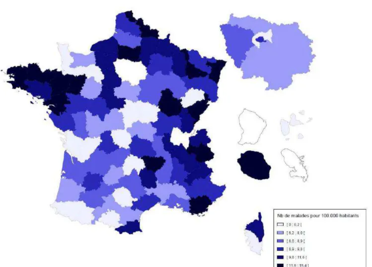 Figure 1 : Prévalence de la mucoviscidose par département (nombre de patients pour  1000 000 habitants) (7) 