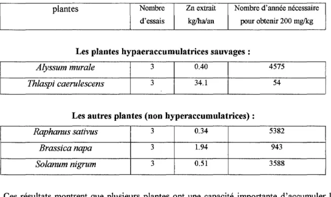 Tableau 8: les plantes hyperaccumulatrices de Zn poussant en plein champ (d'après  Felix 1997) : 