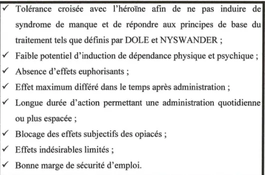 Tableau n°6 :Critères de choix d'un opiacé dans le traitement substitutif de  maintenance