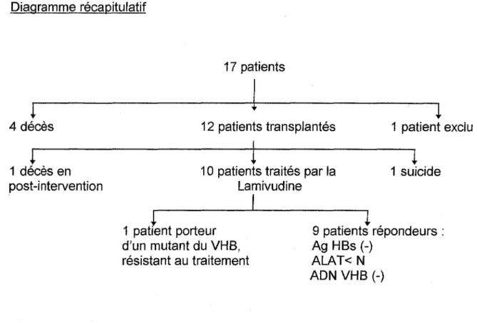 Diagramme récapitulatif  4 décès  1 décès en  post-i ntervention  17 patients  12 patients transplantés 