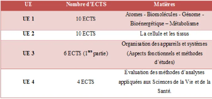 Tableau VI : Répartition des ECTS du premier semestre de la PACES. 