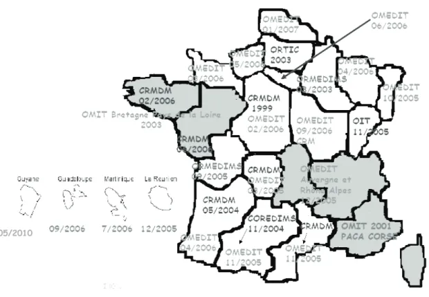 Figure 1 : Répartition des OMEDITs sur le territoire français et date de création [12]