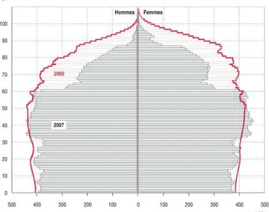 Figure 1 : Pyramide des âges en 2007 et 2060, Source INSEE 2010 