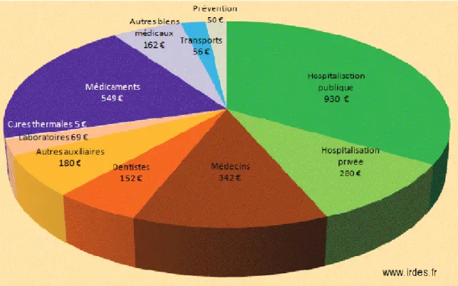 Figure 2 : Consommation en valeur (euros par français) des différents postes de la  consommation médicale totale en 2009 