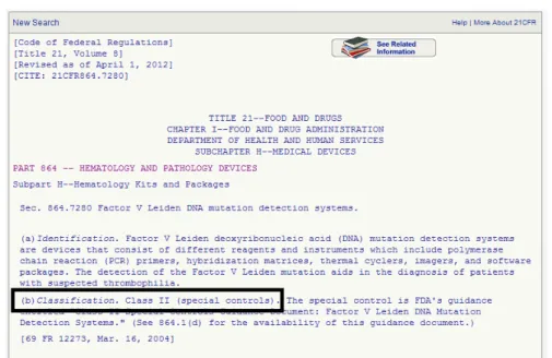 Figure 12 : Exemple de DMDIV issu du 21 CFR – part 864 . La classe et le niveau de contrôle sont indiqués  au second paragraphe  
