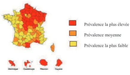 Figure 1: Taux standardisés de prévalence du diabète traité, par département, en 2009 (Régime général de  l’assurance maladie, France) 