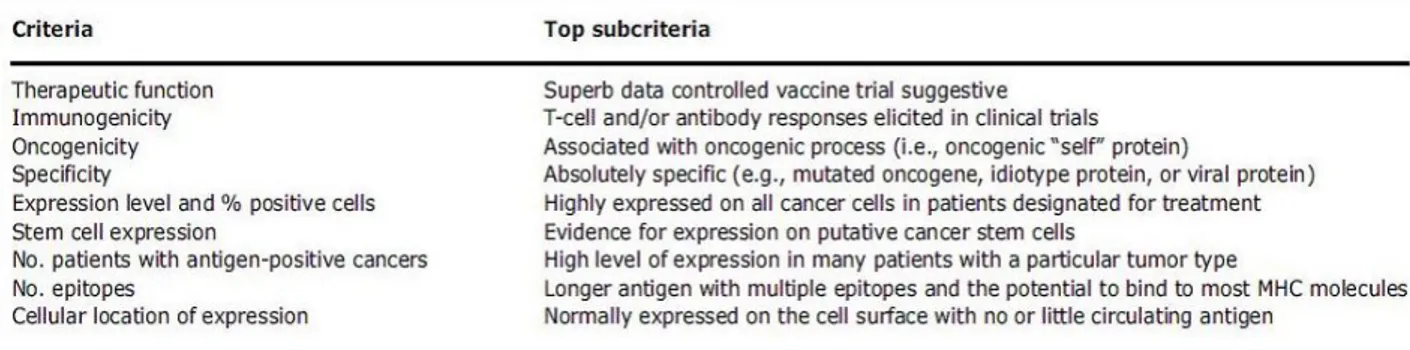 Tableau 2 : Importance relative des critères majeurs définissant un antigène de tumeur idéal (42) 